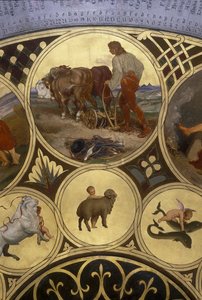 Placa de calendário do relógio astronômico de Praga - março de 1865-66 (óleo em chapa de cobre)